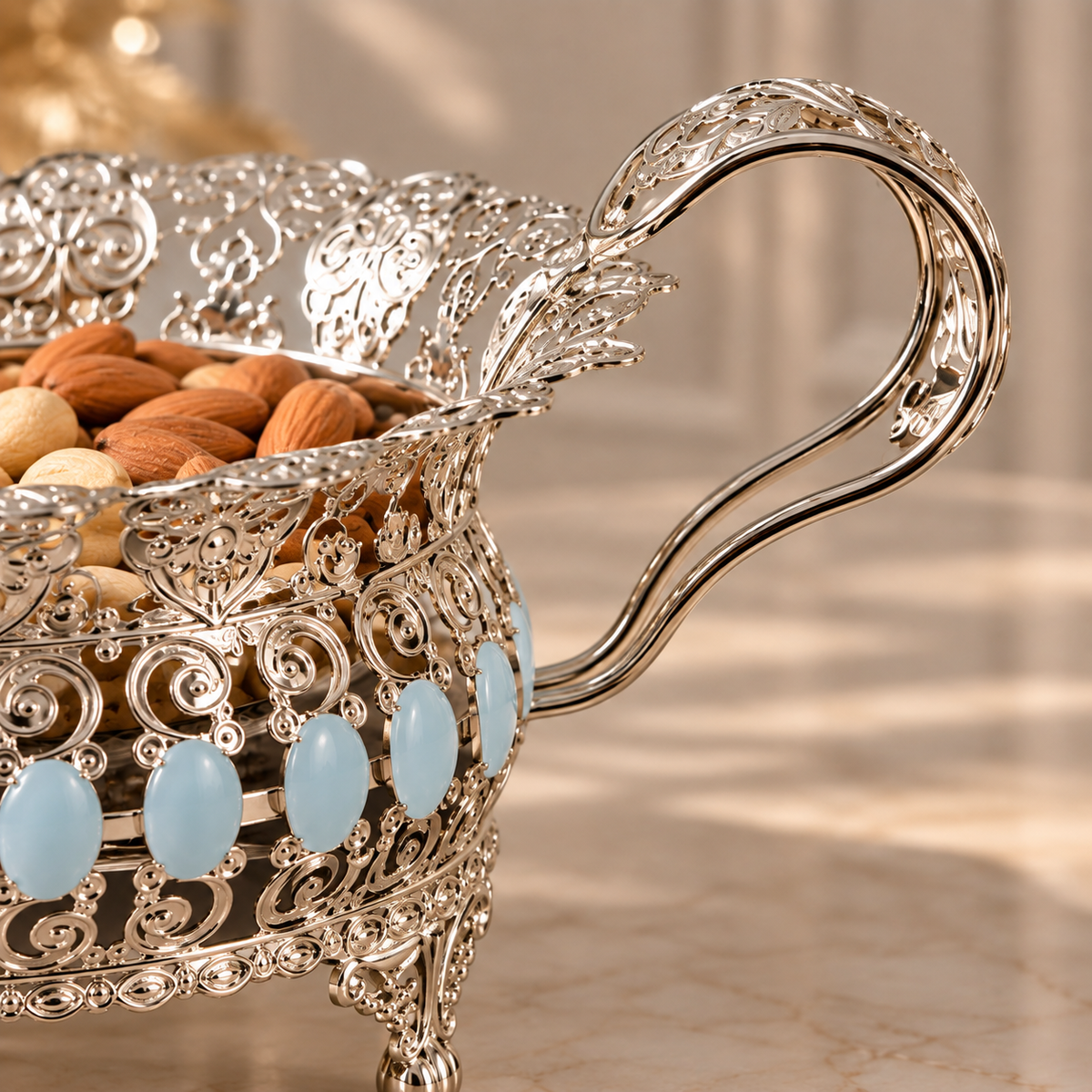 Silver Filigree Lidded Dry Fruit Bowl – Blue Rose Finial