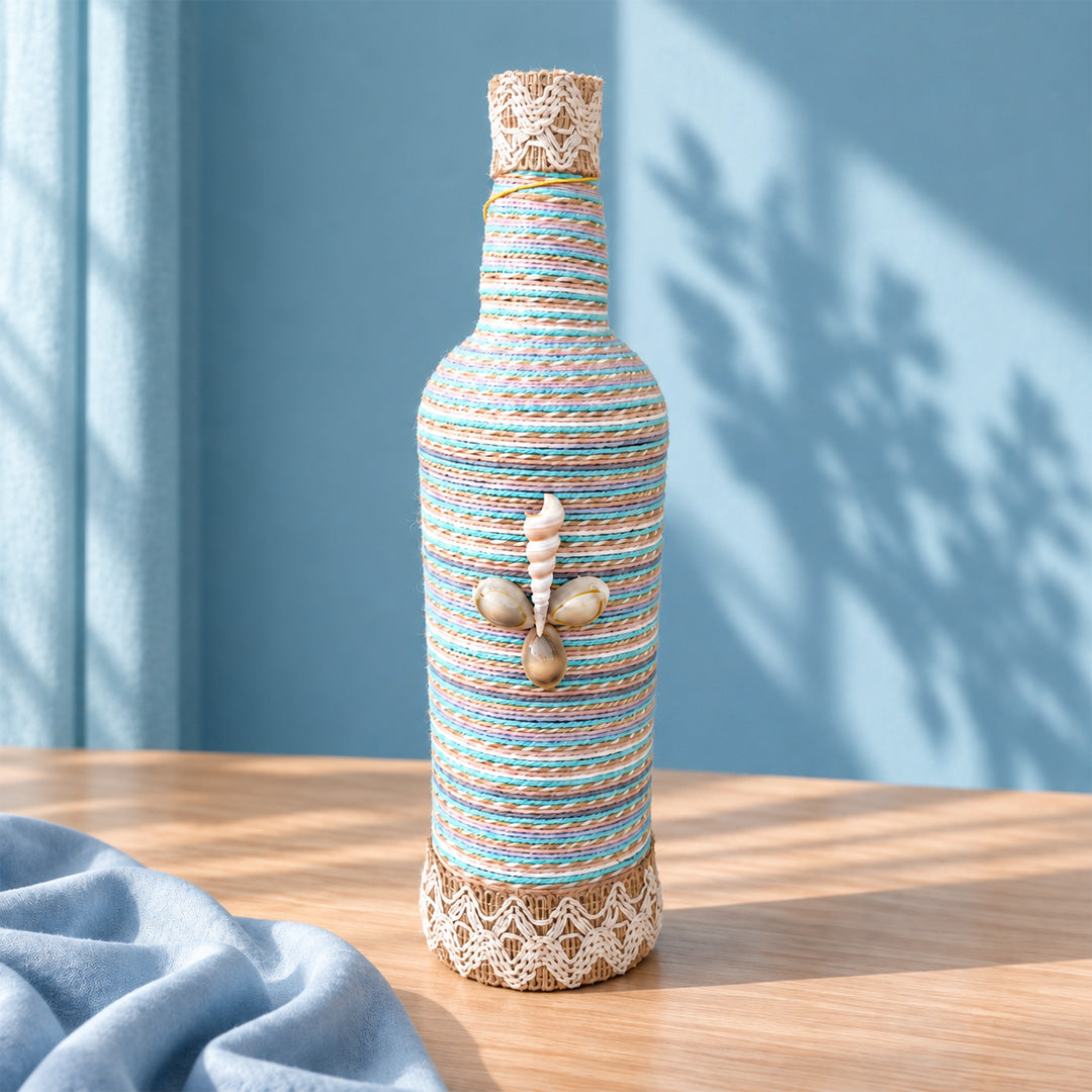 Jute-Wrapped Bottle Lamp – Pastel Stripe & Seashell Charm