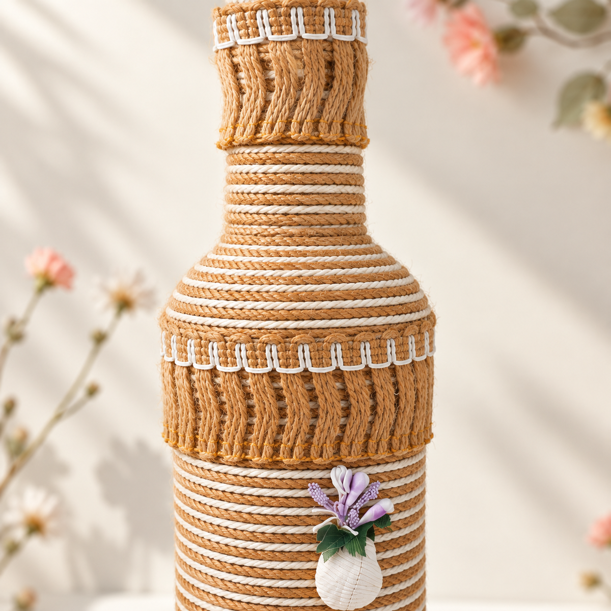 Jute-Wrapped Bottle Lamp – Deer Charm (Red/White)