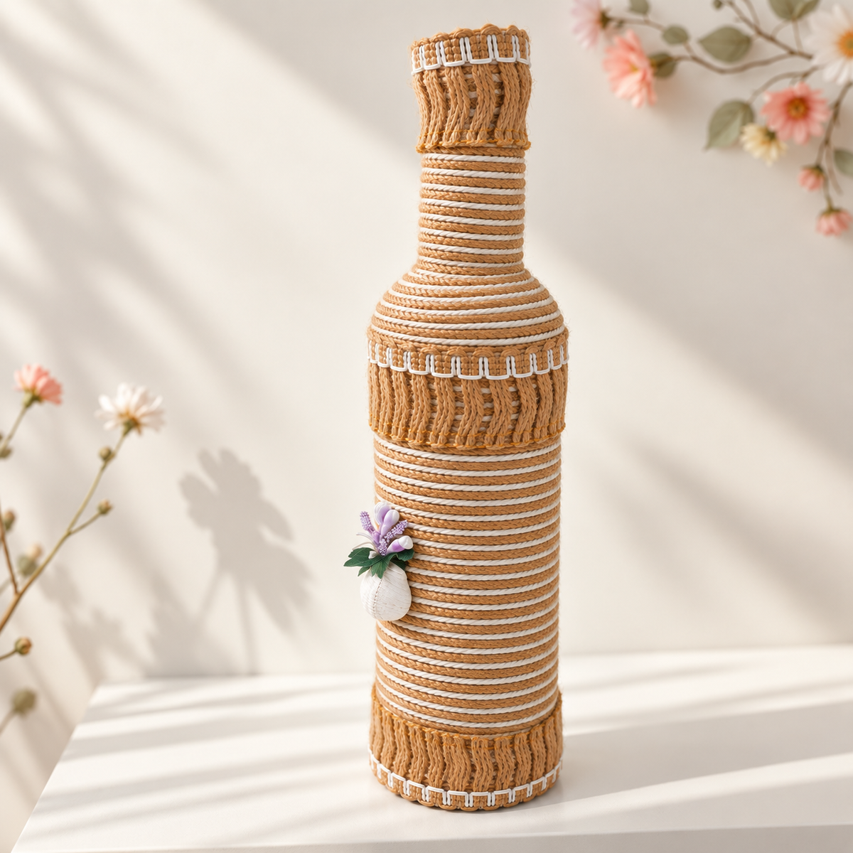 Jute-Wrapped Bottle Lamp – Mustard Stripe & Lavender Bloom
