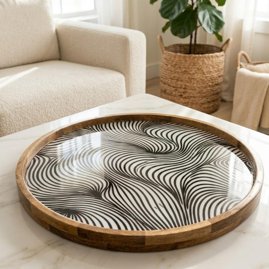 Handmade Mango Wood Serving Tray | Abstract Wave Print, Coffee Table Decor