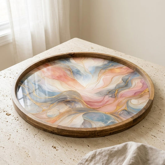 Abstract Marble Serving Tray | Pastel Swirl Mango Wood Coffee Table Tray