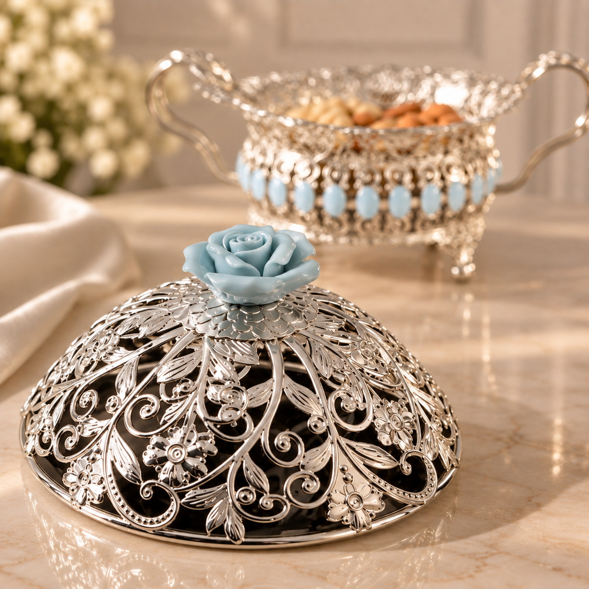 Silver Filigree Lidded Dry Fruit Bowl – Blue Rose Finial