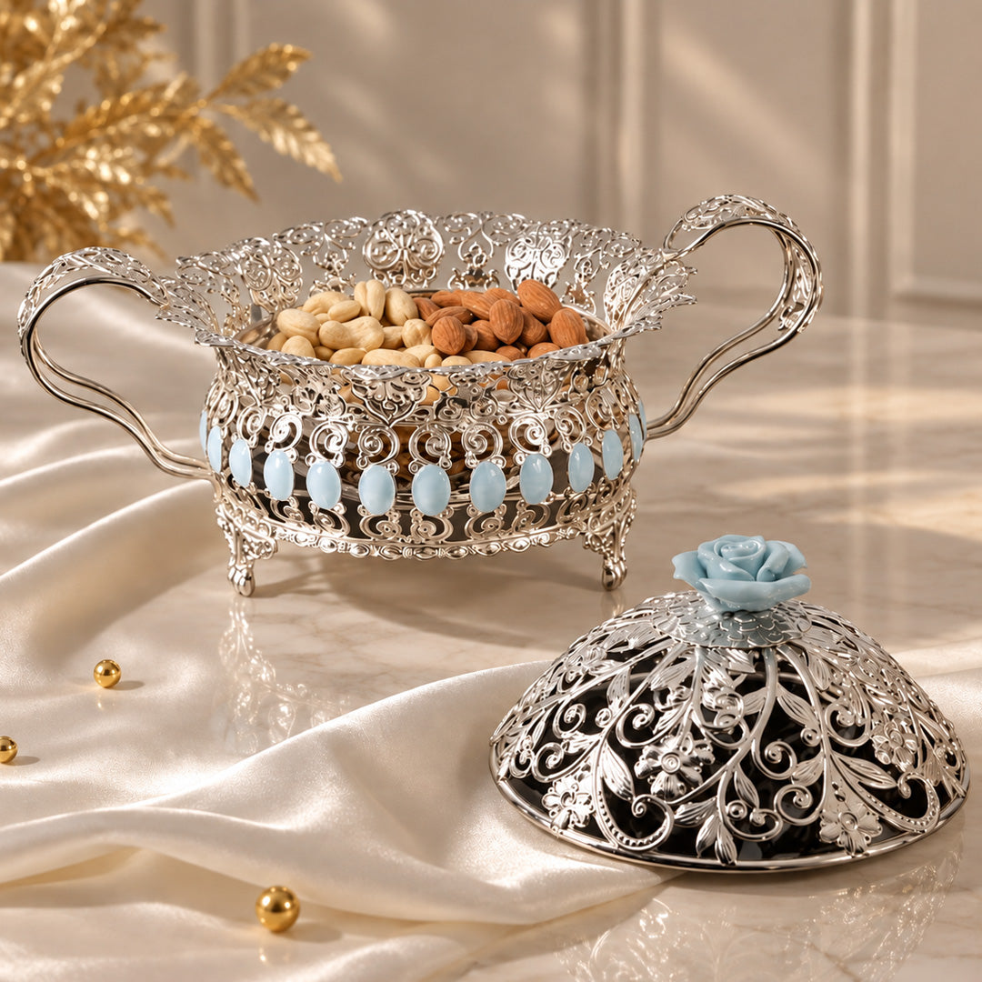 Silver Filigree Lidded Dry Fruit Bowl – Blue Rose Finial