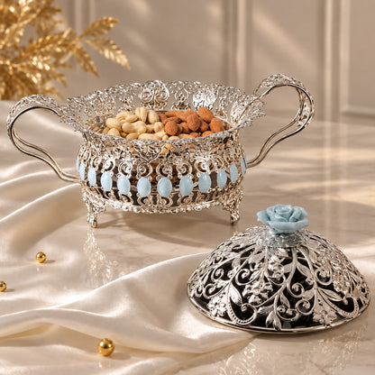 Silver Filigree Lidded Dry Fruit Bowl – Blue Rose Finial