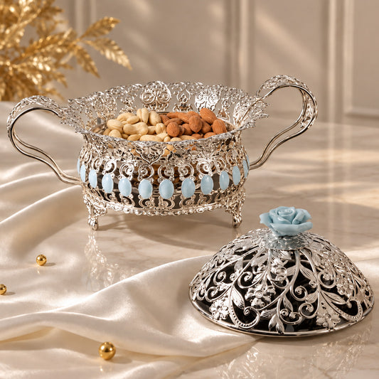 Silver Filigree Lidded Dry Fruit Bowl – Blue Rose Finial