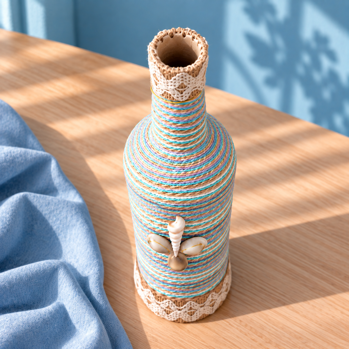 Jute-Wrapped Bottle Lamp – Pastel Stripe &amp; Seashell Charm