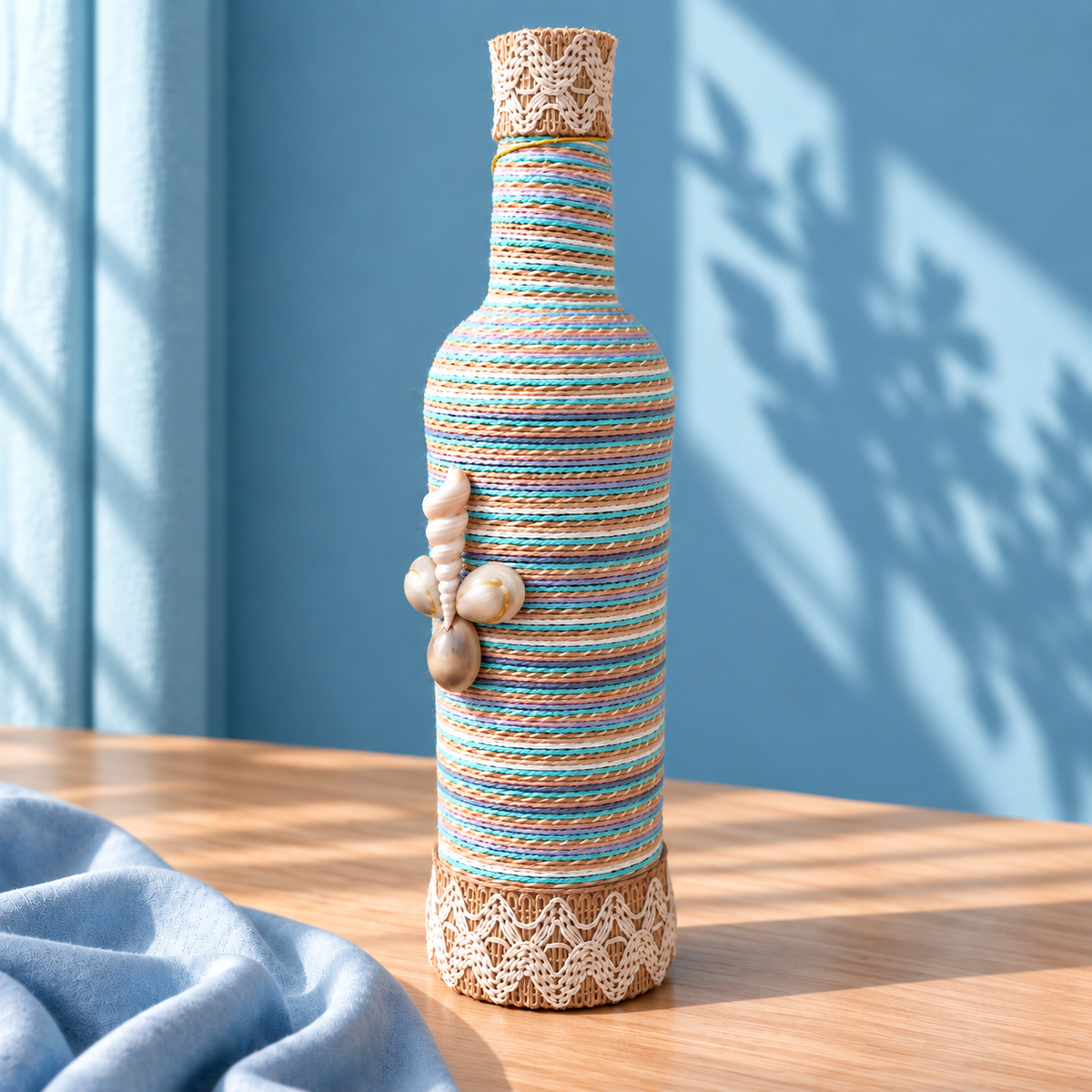 Jute-Wrapped Bottle Lamp – Pastel Stripe &amp; Seashell Charm