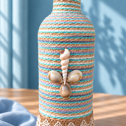 Jute-Wrapped Bottle Lamp – Pastel Stripe &amp; Seashell Charm