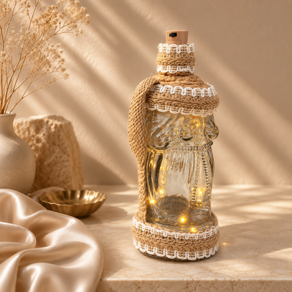 Jute-Wrapped Bottle Lamp – Textured Glass