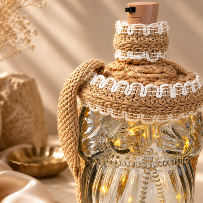 Jute-Wrapped Bottle Lamp – Textured Glass