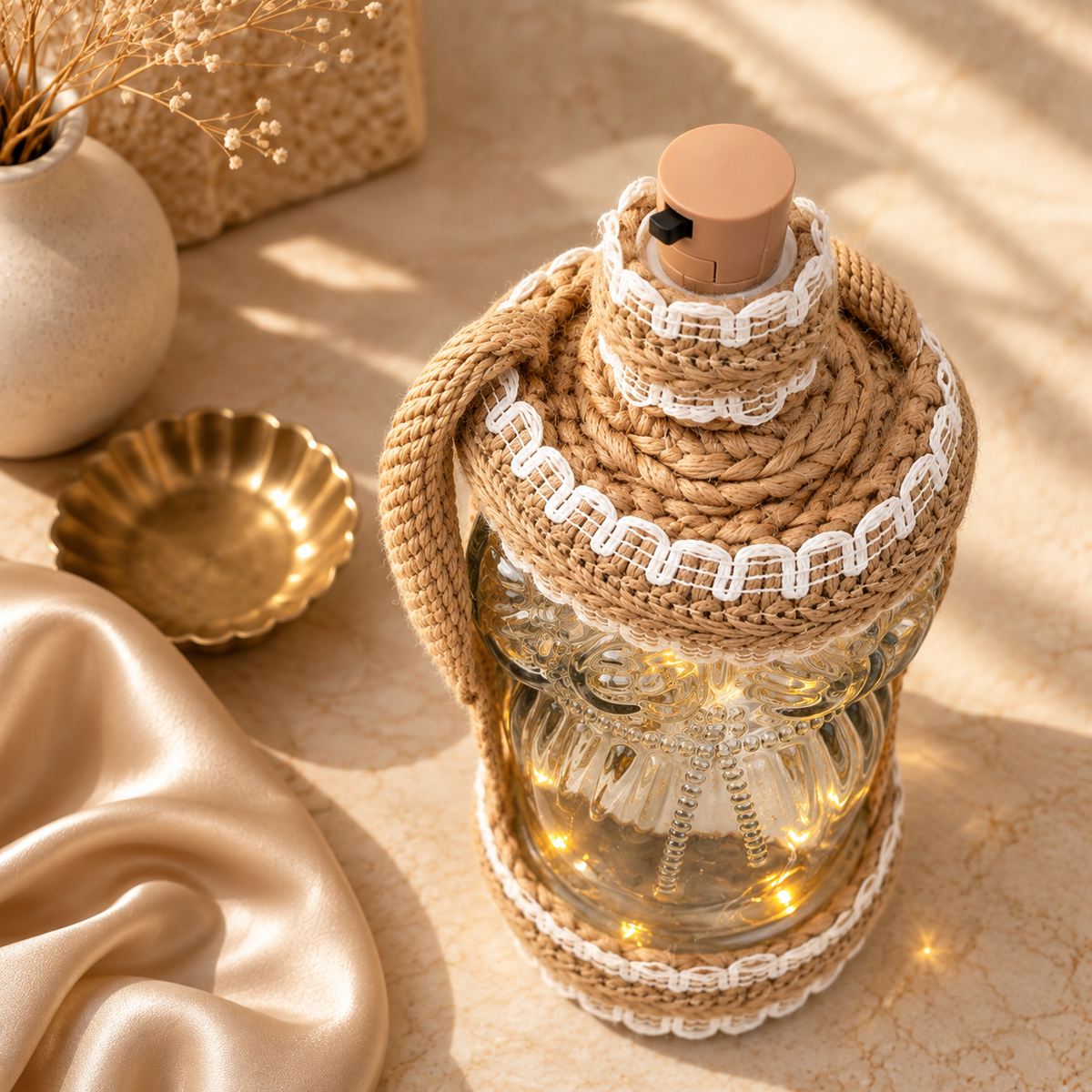 Jute-Wrapped Bottle Lamp – Textured Glass