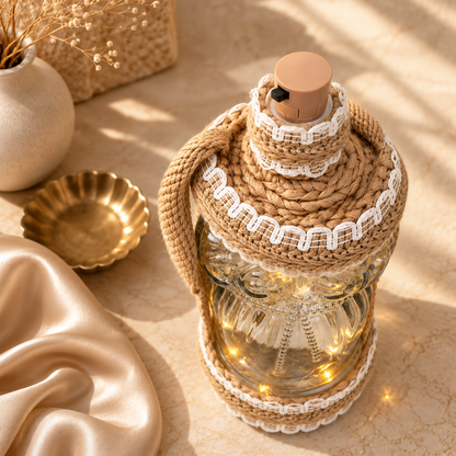 Jute-Wrapped Bottle Lamp – Textured Glass