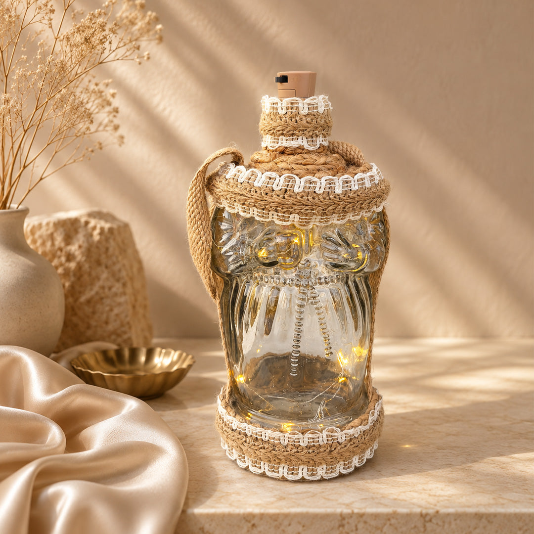Jute-Wrapped Bottle Lamp – Textured Glass