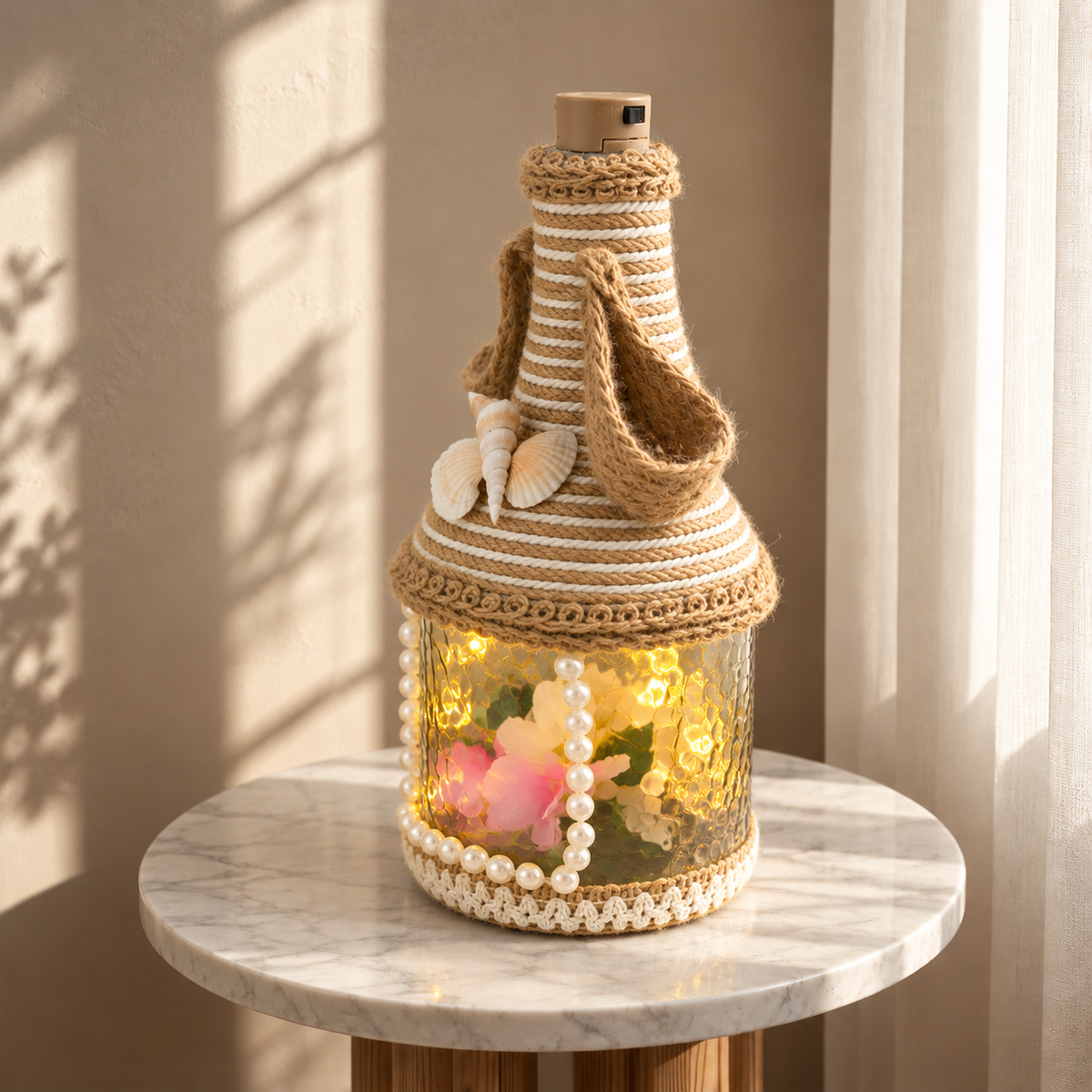 Jute-Wrapped Bottle Lamp – Pearl &Floral
