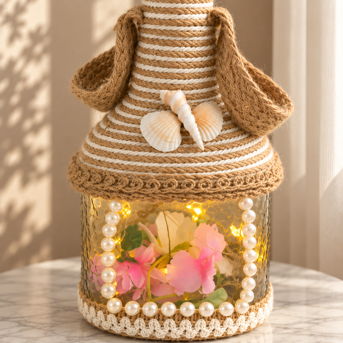 Jute-Wrapped Bottle Lamp – Pearl &Floral
