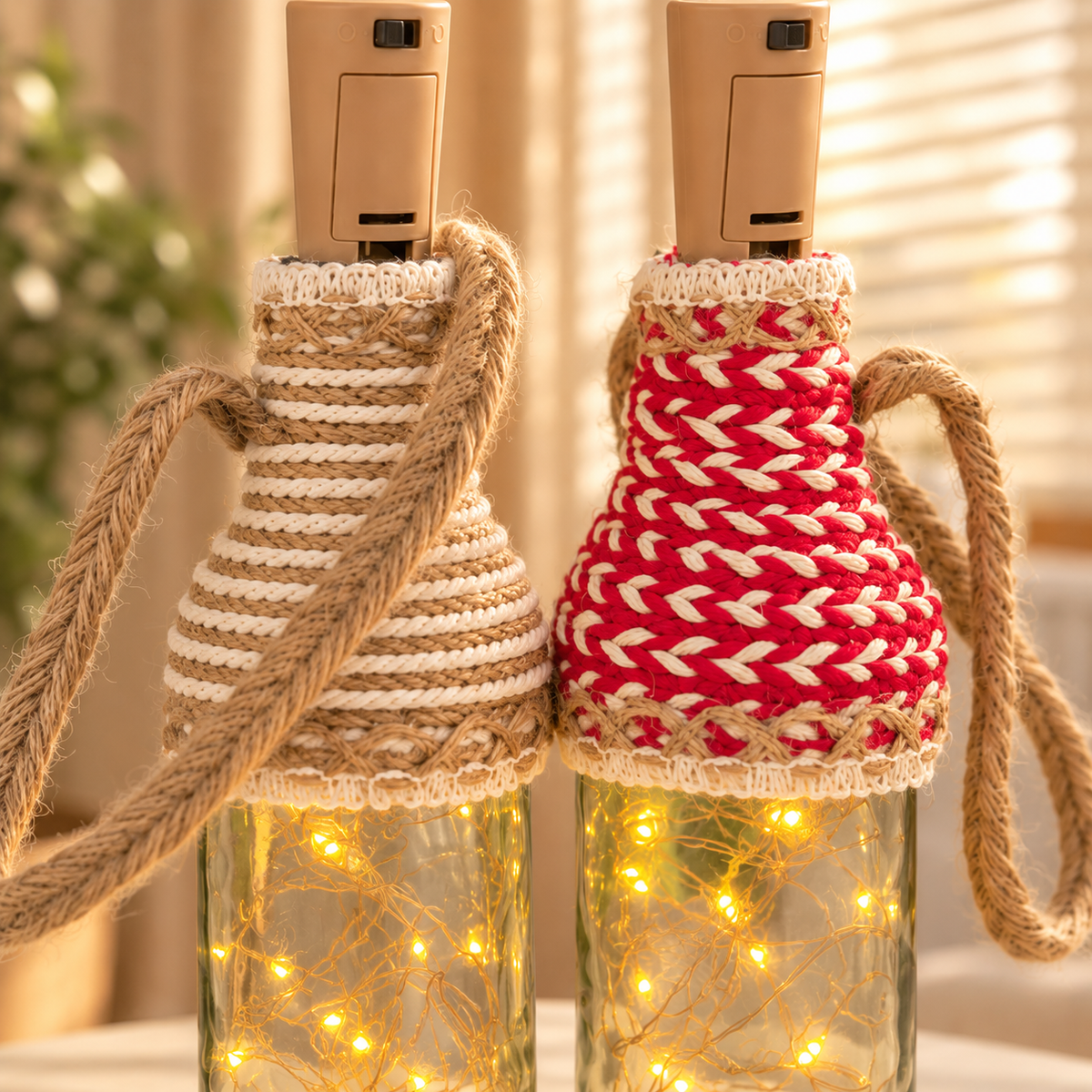 Kalaghar -Wrapped Bottle Lamp – Beige/Tan & Red/White Combo