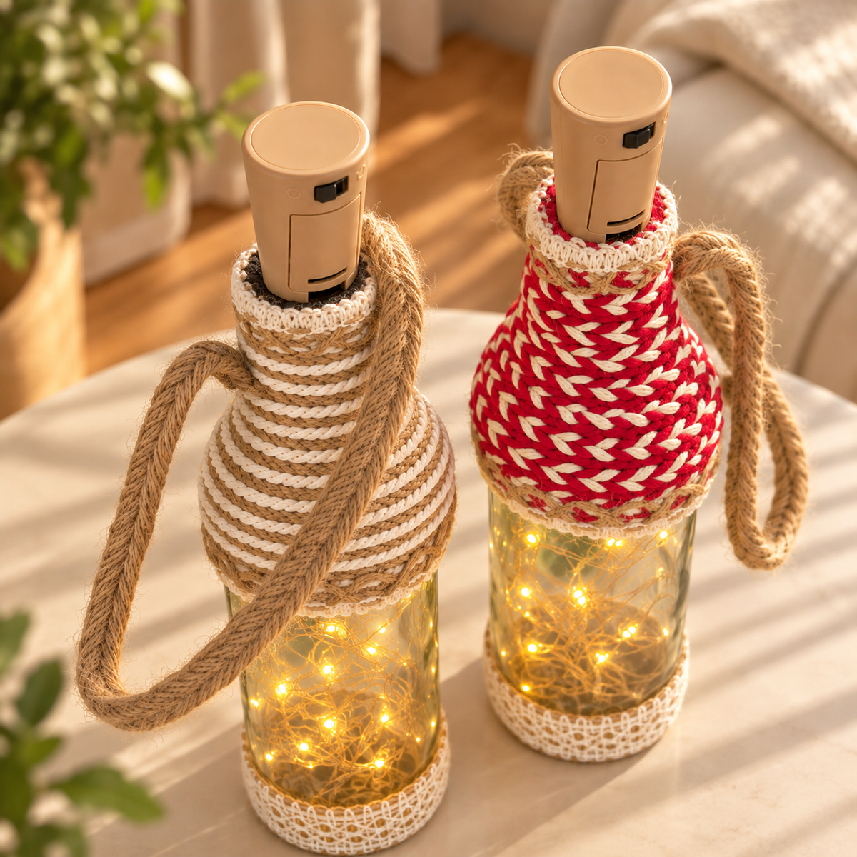 Kalaghar -Wrapped Bottle Lamp – Beige/Tan & Red/White Combo