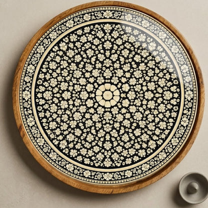 Black Mandala Wooden Tray Printed | Mango Wood Round Tea Serving Decor