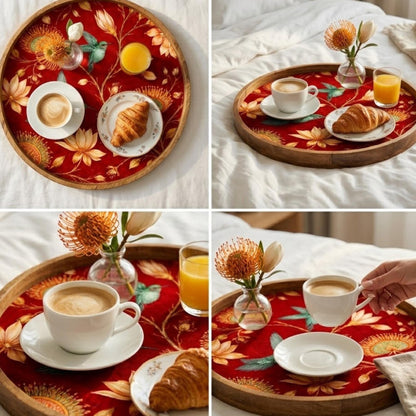 Red Bird Floral Mango Wood Tray | Round Coffee Table Decor, Serving Platter