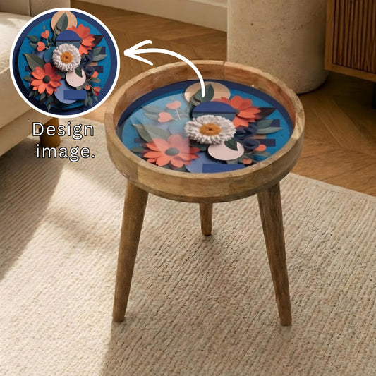 Abstract Floral Mango Wood Side Table | Blue Modern Boho Accent Furniture