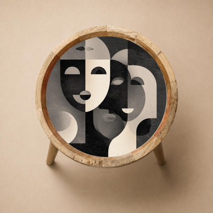 Abstract Face Mango Wood Side Table | Modern Black White Boho Accent Furniture