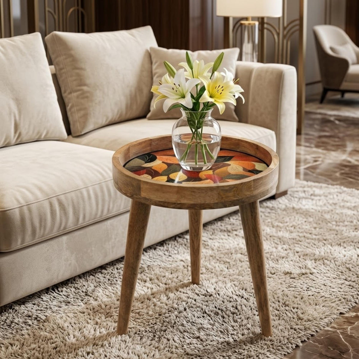 Autumn Leaf Mango Wood Side Table | Rustic Boho Accent Furniture Handmade Decor