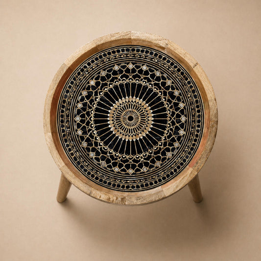 Black Gold Mandala Mango Wood Side Table | Moroccan Boho Accent Furniture