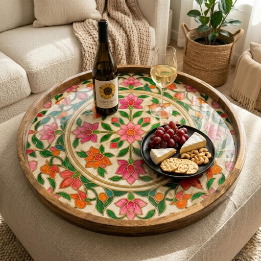 Colorful Floral Wooden Tray Printed | Mango Wood Round Tea Serving Decor