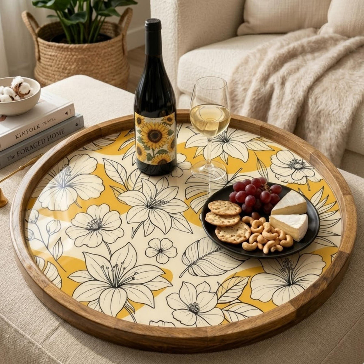 Yellow Floral Wooden Tray Printed | Mango Wood Round Tea Serving Decor