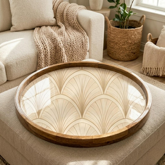 Art Deco Mango Wood Serving Tray | Geometric Pattern Coffee Table Decor