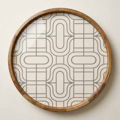 Geometric Wooden Serving Platter Printed | Round Mango Wood Coffee Table Decor | Modern Kitchen Organizer