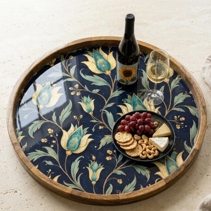 Floral Wooden Serving Tray Printed | Round Mango Wood Coffee Table Decor | Blue Botanical Organizer