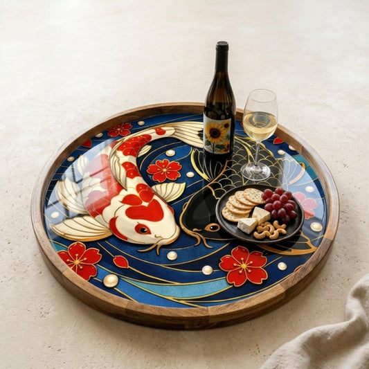 Japanese Crane Wooden Serving Platter | Printed Mango Wood | Round Tea Coffee Decor Gift