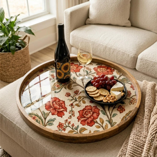 Vintage Floral Wooden Tray | Mango Wood Printed Coffee Table Decor | Tea Platter