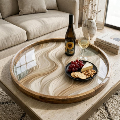 Abstract Wave Wooden Printed Platter | Round Mango Wood Tea Coffee Serving | Neutral Style
