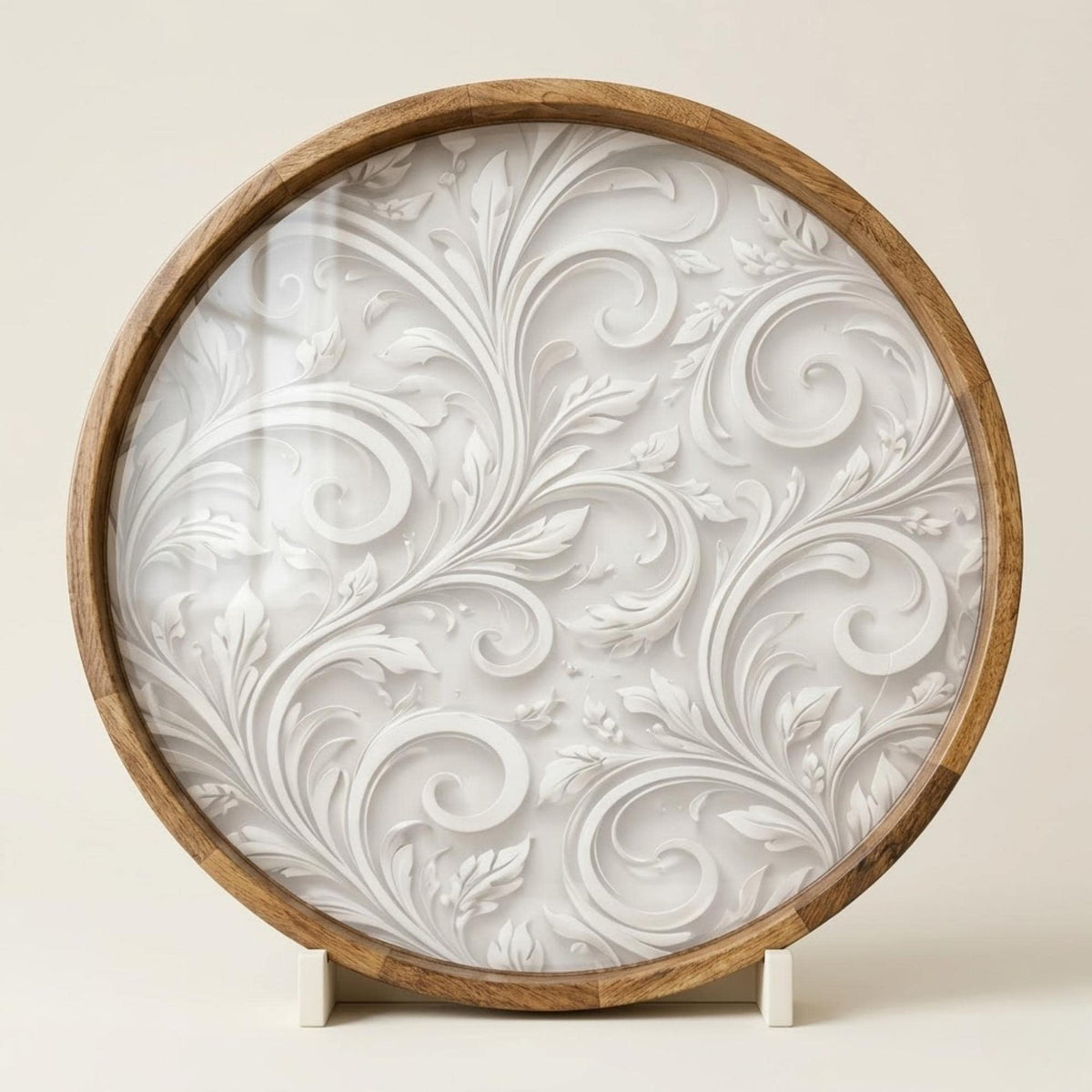 Abstract Beige Mango Wood Serving Tray II | Round Ottoman Coffee Table Decor