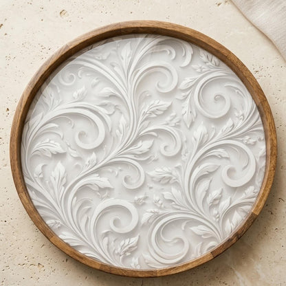 Abstract Beige Mango Wood Serving Tray II | Round Ottoman Coffee Table Decor
