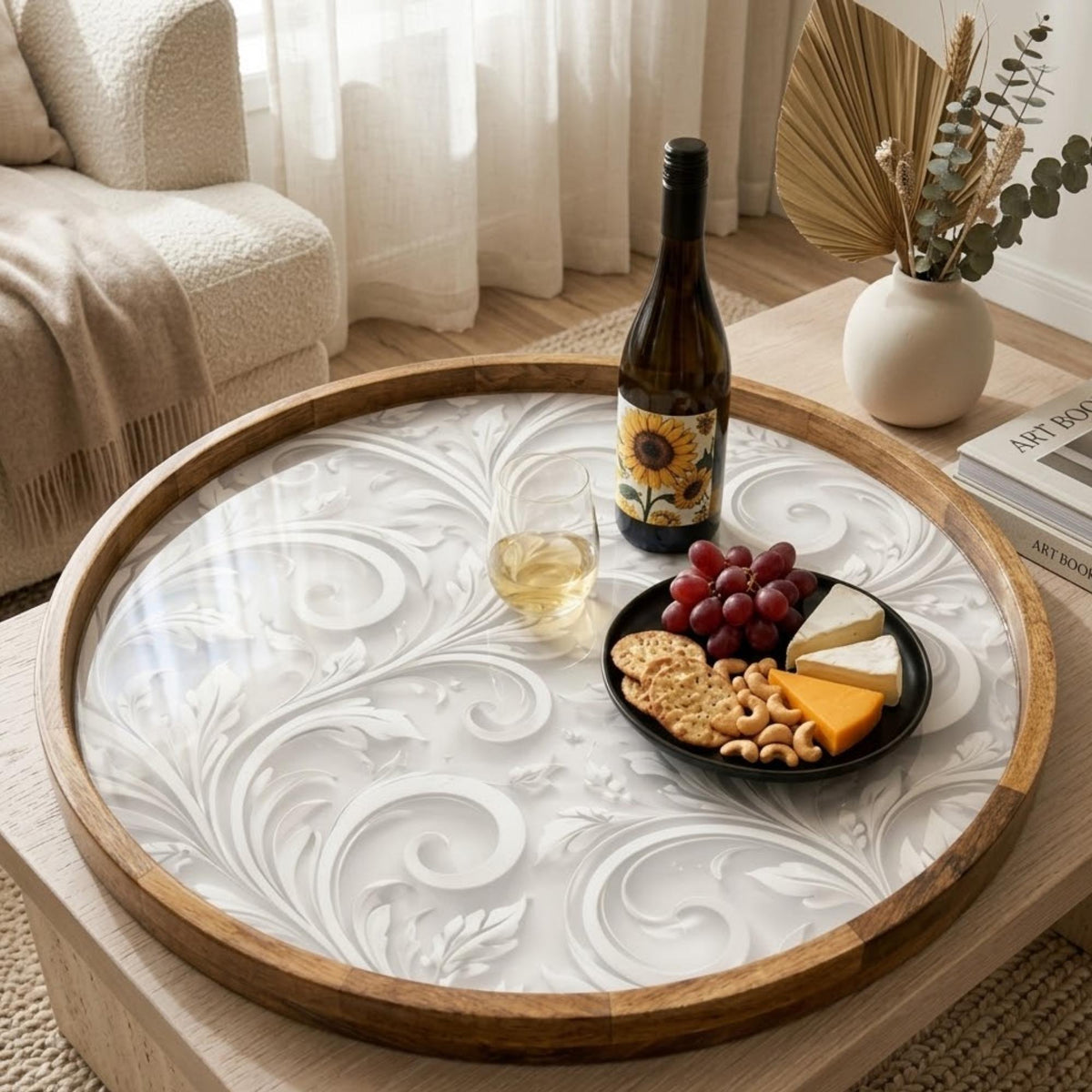 Abstract Beige Mango Wood Serving Tray II | Round Ottoman Coffee Table Decor