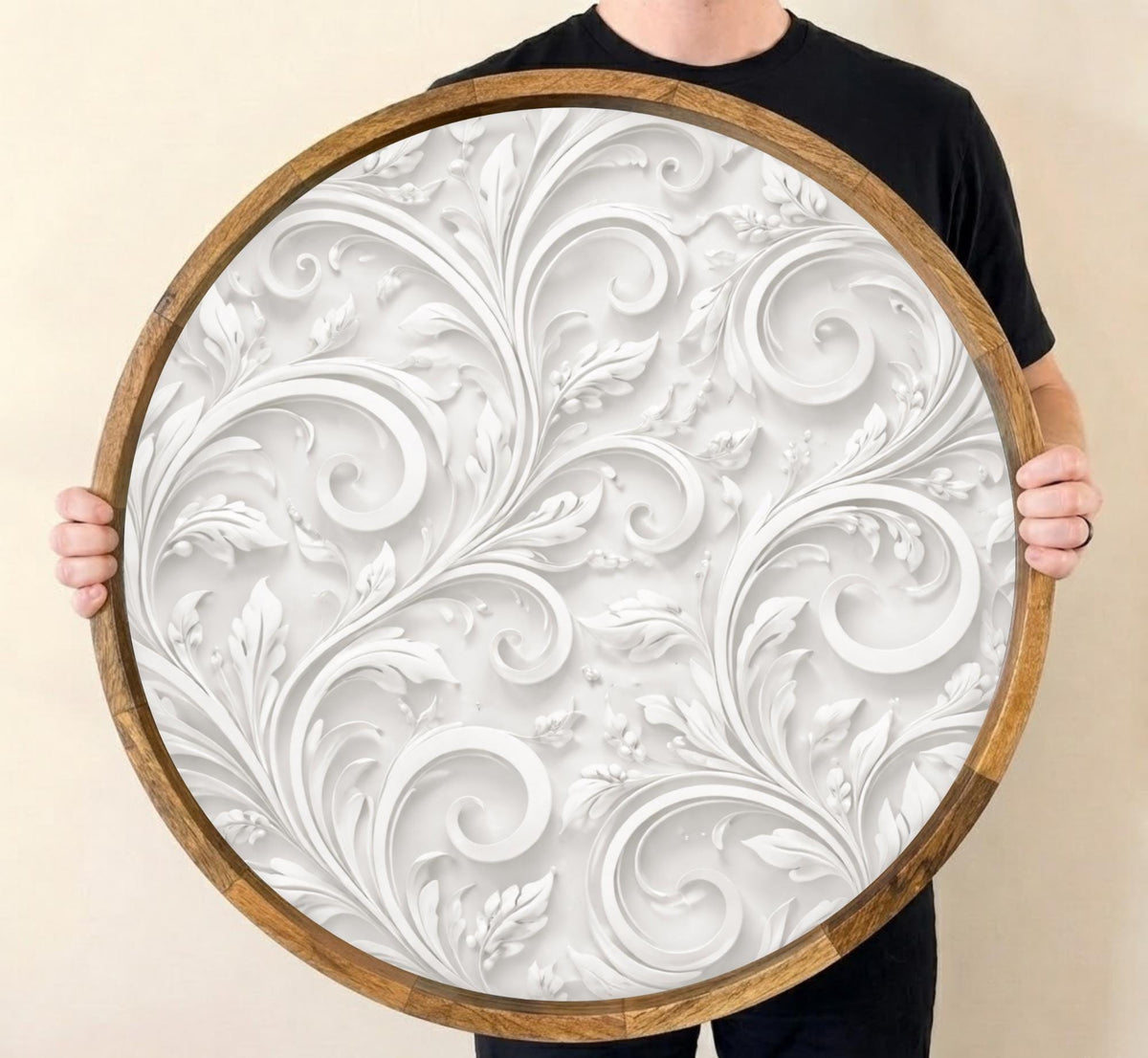 Abstract Beige Mango Wood Serving Tray II | Round Ottoman Coffee Table Decor