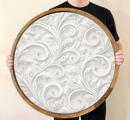 Abstract Beige Mango Wood Serving Tray II | Round Ottoman Coffee Table Decor