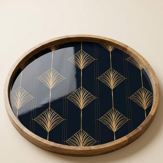 Art Deco Mango Wood Serving Tray | Navy Geometric Ottoman Coffee Table Decor