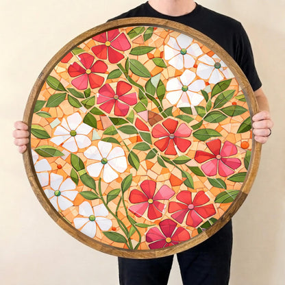 Handmade Floral Mango Wood Serving Tray | Round Coffee Table Ottoman Decor