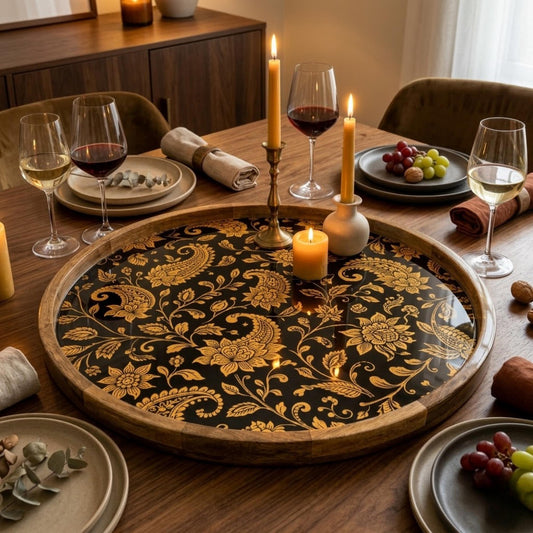 Handmade Mango Wood Serving Tray | Black Gold Floral Ottoman Decor