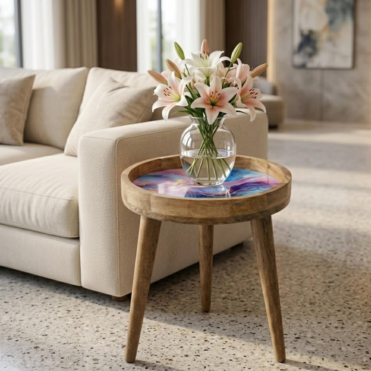 Abstract Marble Mango Wood Side Table | Boho Accent Furniture, Colorful Handmade Accent