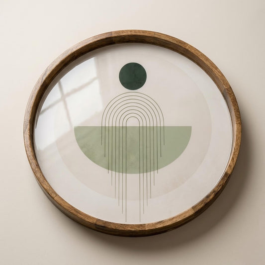 Handcrafted Mango Wood Serving Tray | Sage Green Abstract Print Ottoman Decor