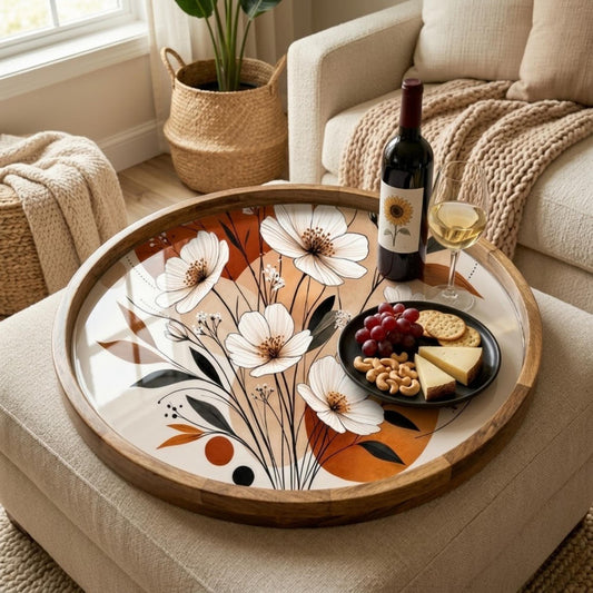 Handmade Boho Floral Mango Wood Serving Tray | Neutral Ottoman Coffee Table Decor
