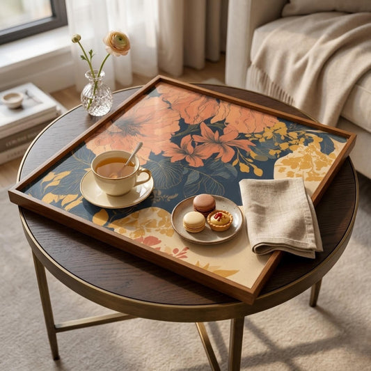 Square Serving Tray, Autumn Botanical Tray, Vintage Floral Ottoman Tray, Coffee Table Tray, Handmade Resin Wood Decorative Home Accent