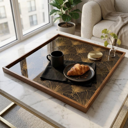 Square Serving Tray, Art Deco Tray, Black Gold Ottoman Tray, Coffee Table Tray, Handmade Resin Wood Tray, Luxury Modern Home Decor Accent