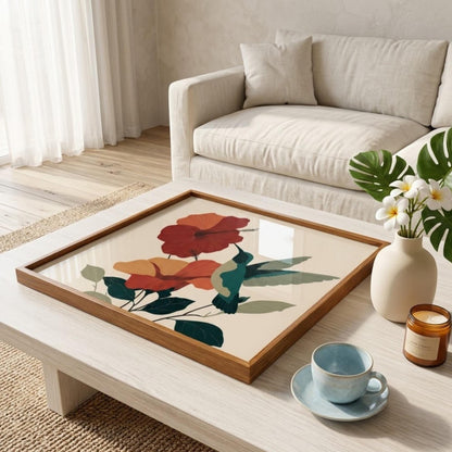 Square Serving Tray, Red Poppy Floral Tray, Ottoman Coffee Table Tray, Handmade Resin Wood Tray, Botanical Wall Art Inspired Decor